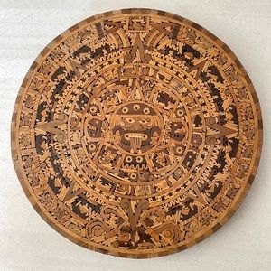 Wood Mosaic Round Wall Art of Aztec Calendar Cuauhxicalli